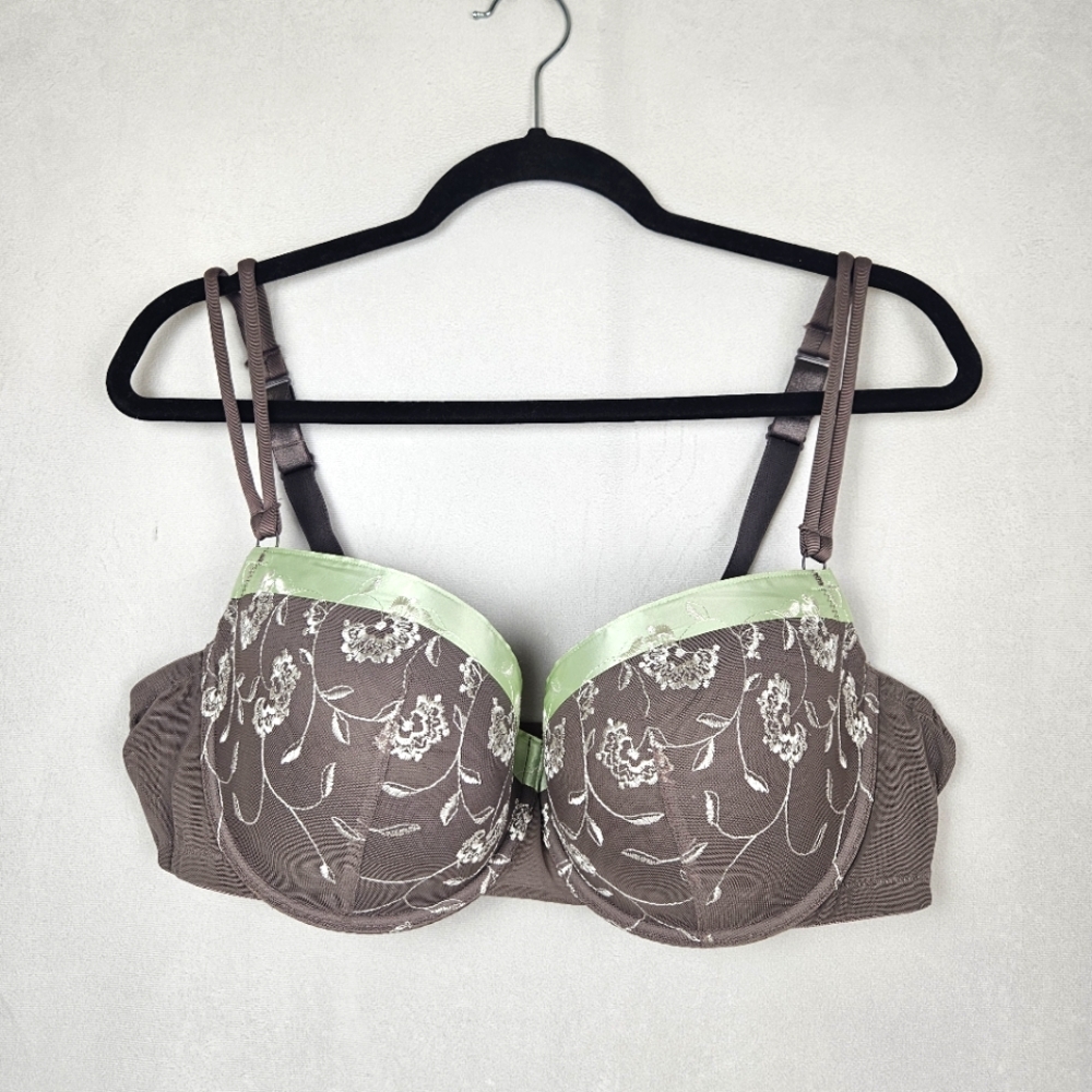 Cacique Lace Floral Bra Size 42 DD Grey and Green